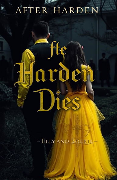 A dramatic scene set in a dark garden, featuring a man fully dressed in black and a woman wearing a bright yellow shirt paired with a fairy-like long skirt