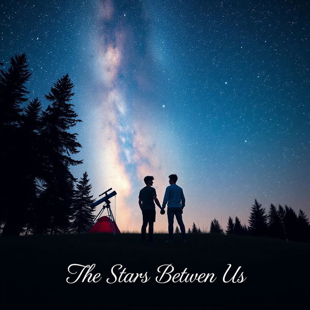 Two male teenagers holding hands under a starry sky at an astronomy camp