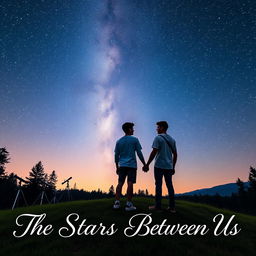 Two male teenagers holding hands under a starry sky at an astronomy camp