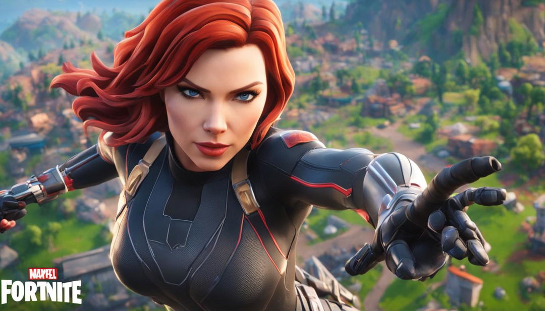 32k HD close-up of Marvel's Black Widow for a Fortnite-themed YouTube thumbnail, featuring a holographic Fortnite logo and a blurred Fortnite landscape in the background