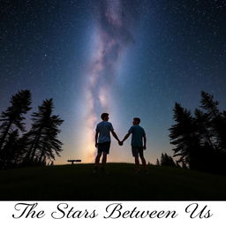 Two male teenagers holding hands under a starry sky at an astronomy camp