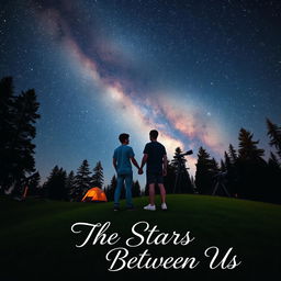 Two male teenagers holding hands under a starry sky at an astronomy camp