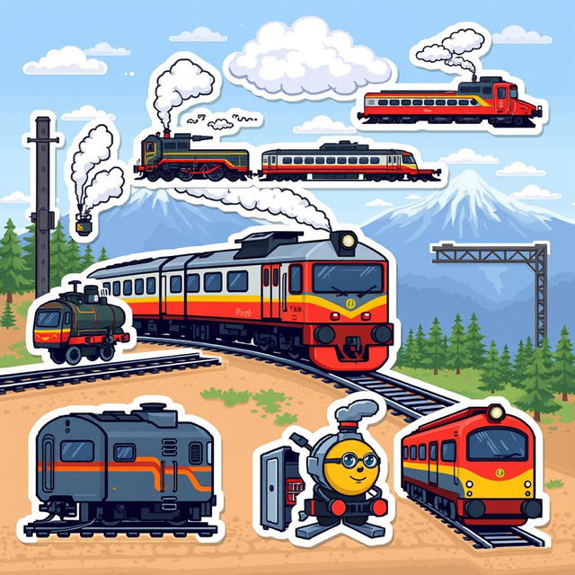 A pixel art sticker pack featuring an aesthetic theme centered around trains