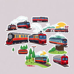 A pixel art sticker pack featuring an aesthetic theme centered around trains