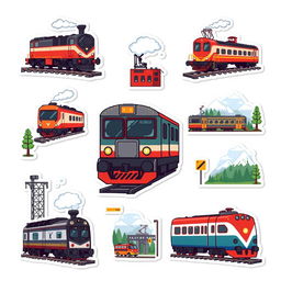 A pixel art sticker pack featuring an aesthetic theme centered around trains
