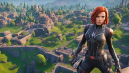 32k HD close-up of Marvel's Black Widow for a Fortnite-themed YouTube thumbnail, featuring a holographic Fortnite logo and a blurred Fortnite landscape in the background