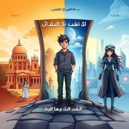 An engaging and imaginative book cover design for the story 'بين الماضي و المستقبل هناك حاضر', divided into three distinct sections representing the Past, Present, and Future