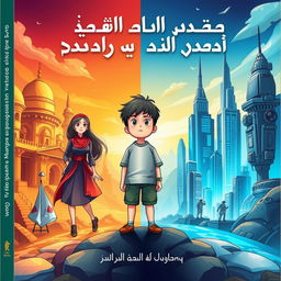 An engaging and imaginative book cover design for the story 'بين الماضي و المستقبل هناك حاضر', divided into three distinct sections representing the Past, Present, and Future