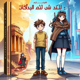 An engaging and imaginative book cover design for the story 'بين الماضي و المستقبل هناك حاضر', divided into three distinct sections representing the Past, Present, and Future