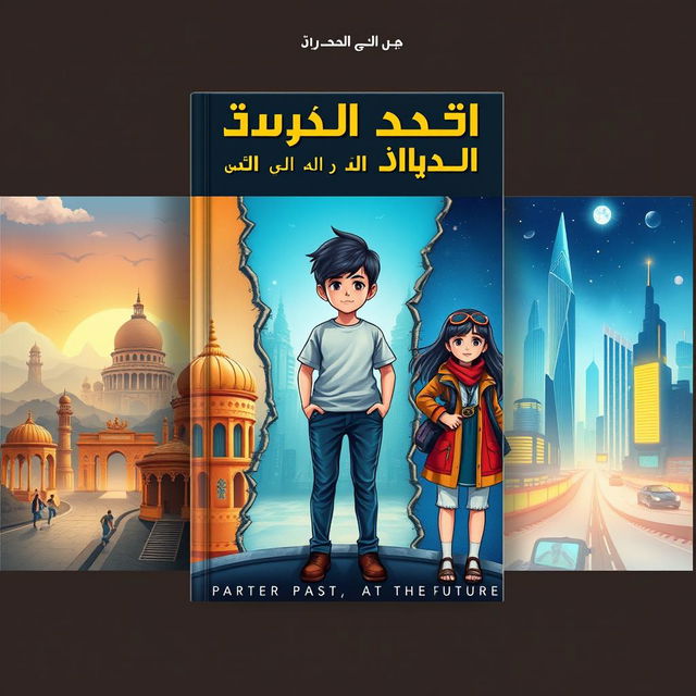 An engaging and imaginative book cover design for the story 'بين الماضي و المستقبل هناك حاضر', divided into three distinct sections representing the Past, Present, and Future