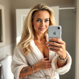 Scarlett, a beautiful woman in her 40s with striking blue eyes and flowing blonde hair, stands in her home bathroom, where soft light delicately highlights her confident smile and gentle expression