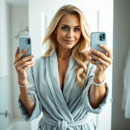 Scarlett, a beautiful woman in her 40s with striking blue eyes and flowing blonde hair, stands in her home bathroom, where soft light delicately highlights her confident smile and gentle expression