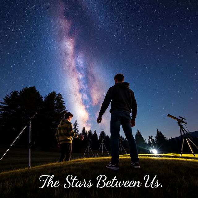 Two male teenagers holding hands under a stunning night sky at an astronomy camp