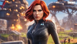 32k HD close-up of Marvel's Black Widow for a Fortnite-themed YouTube thumbnail, featuring a holographic Fortnite logo and a blurred Fortnite landscape in the background