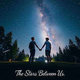 Two male teenagers holding hands under a stunning night sky at an astronomy camp