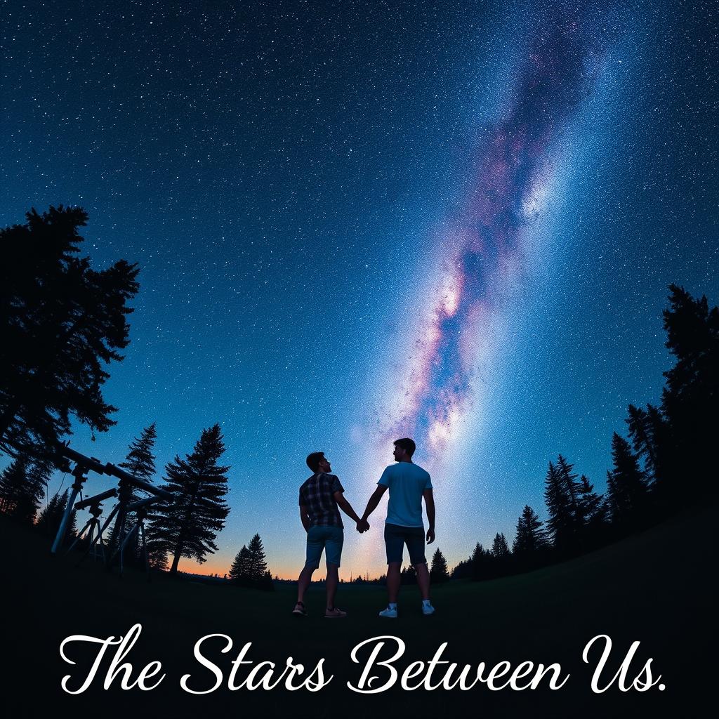 Two male teenagers holding hands under a stunning night sky at an astronomy camp