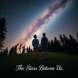 Two male teenagers holding hands under a stunning night sky at an astronomy camp