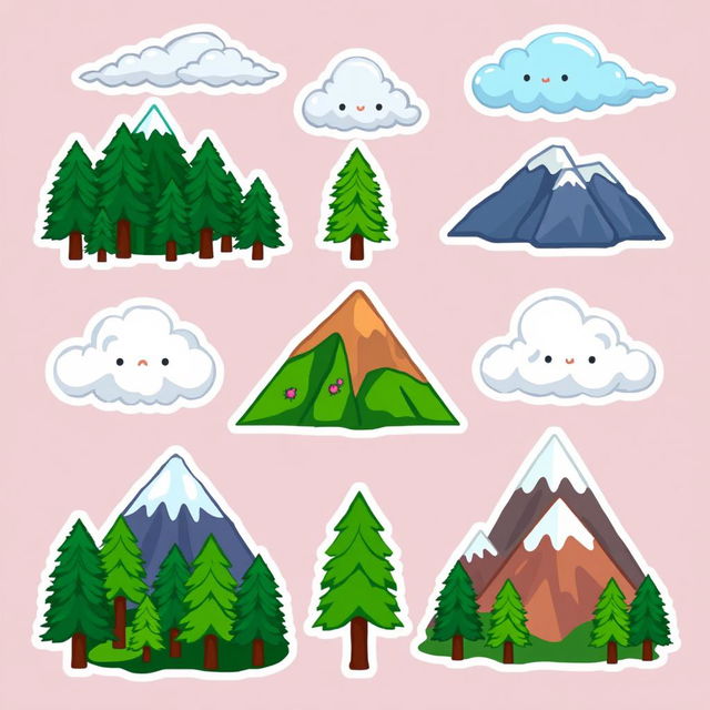 A pixel art sticker pack featuring clouds, forests, and mountains