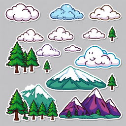A pixel art sticker pack featuring clouds, forests, and mountains