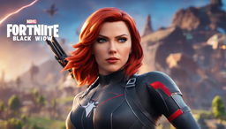 32k HD close-up of Marvel's Black Widow for a Fortnite-themed YouTube thumbnail, featuring a holographic Fortnite logo and a blurred Fortnite landscape in the background