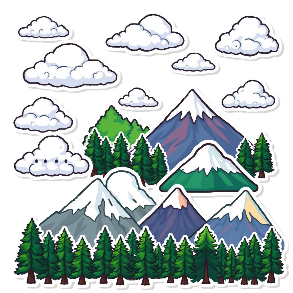 A pixel art sticker pack featuring clouds, forests, and mountains