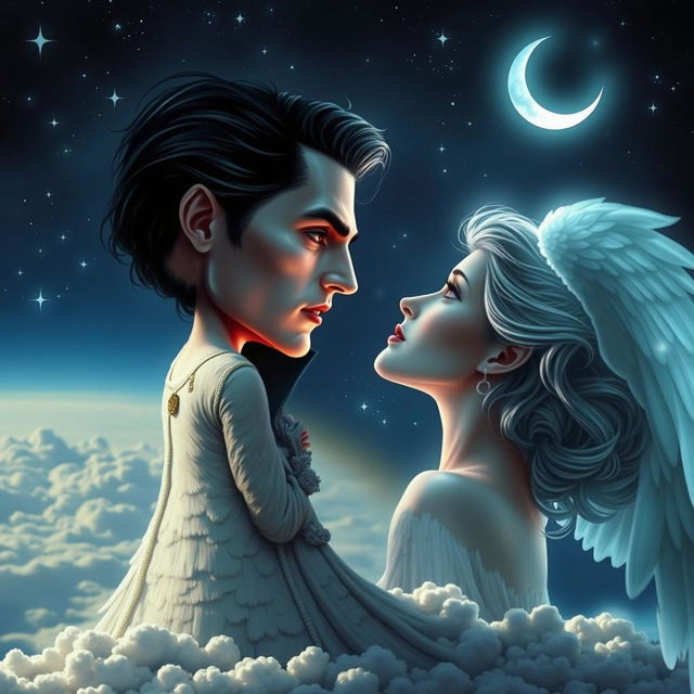 A captivating scene featuring a sexy, dangerous vampire with striking facial features and dark hair, locked in a longing gaze with a glowing angel