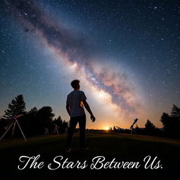 Two male teenagers, who are boyfriends, holding hands under a breathtaking starry sky at an astronomy camp