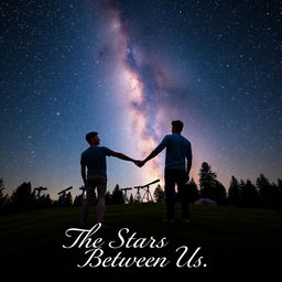 Two male teenagers, who are boyfriends, holding hands under a breathtaking starry sky at an astronomy camp