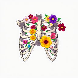 Pixel art style ribs adorned with vibrant flowers, showcasing a blend of anatomical detail and artistic floral elements