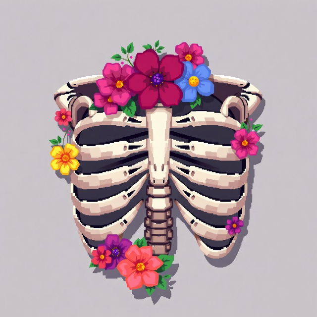 Pixel art style ribs adorned with vibrant flowers, showcasing a blend of anatomical detail and artistic floral elements