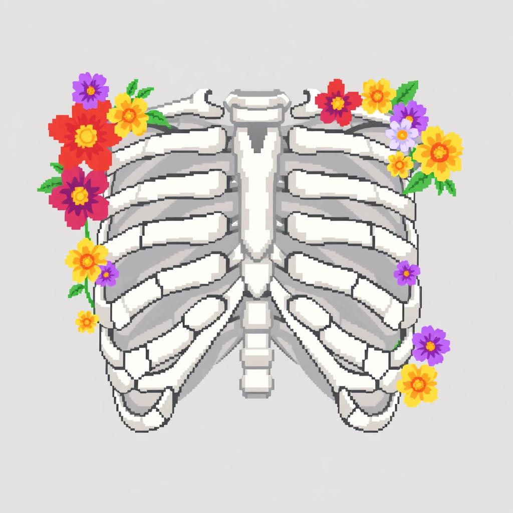Pixel art style ribs adorned with vibrant flowers, showcasing a blend of anatomical detail and artistic floral elements