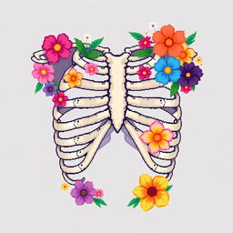 Pixel art style ribs adorned with vibrant flowers, showcasing a blend of anatomical detail and artistic floral elements