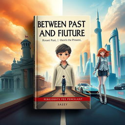 An imaginative and artistic book cover for 'Between Past and Future, There's the Present', designed with three distinct sections representing the Past, Present, and Future