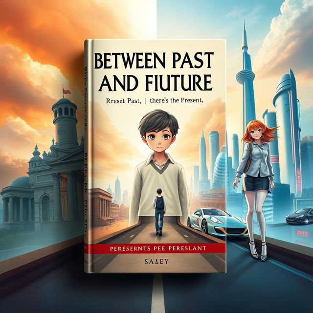 An imaginative and artistic book cover for 'Between Past and Future, There's the Present', designed with three distinct sections representing the Past, Present, and Future