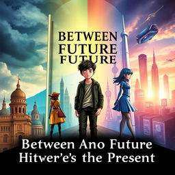 An imaginative and artistic book cover for 'Between Past and Future, There's the Present', designed with three distinct sections representing the Past, Present, and Future