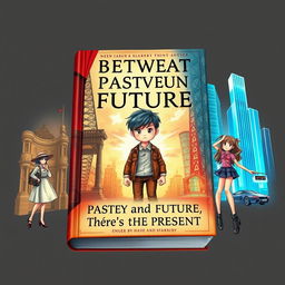 An imaginative and artistic book cover for 'Between Past and Future, There's the Present', designed with three distinct sections representing the Past, Present, and Future