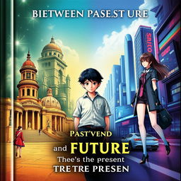 An imaginative and artistic book cover for 'Between Past and Future, There's the Present', designed with three distinct sections representing the Past, Present, and Future