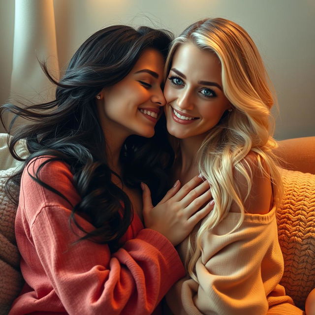 A vibrant and intimate scene of two beautiful women sharing a moment of tenderness and affection in a cozy, softly-lit environment