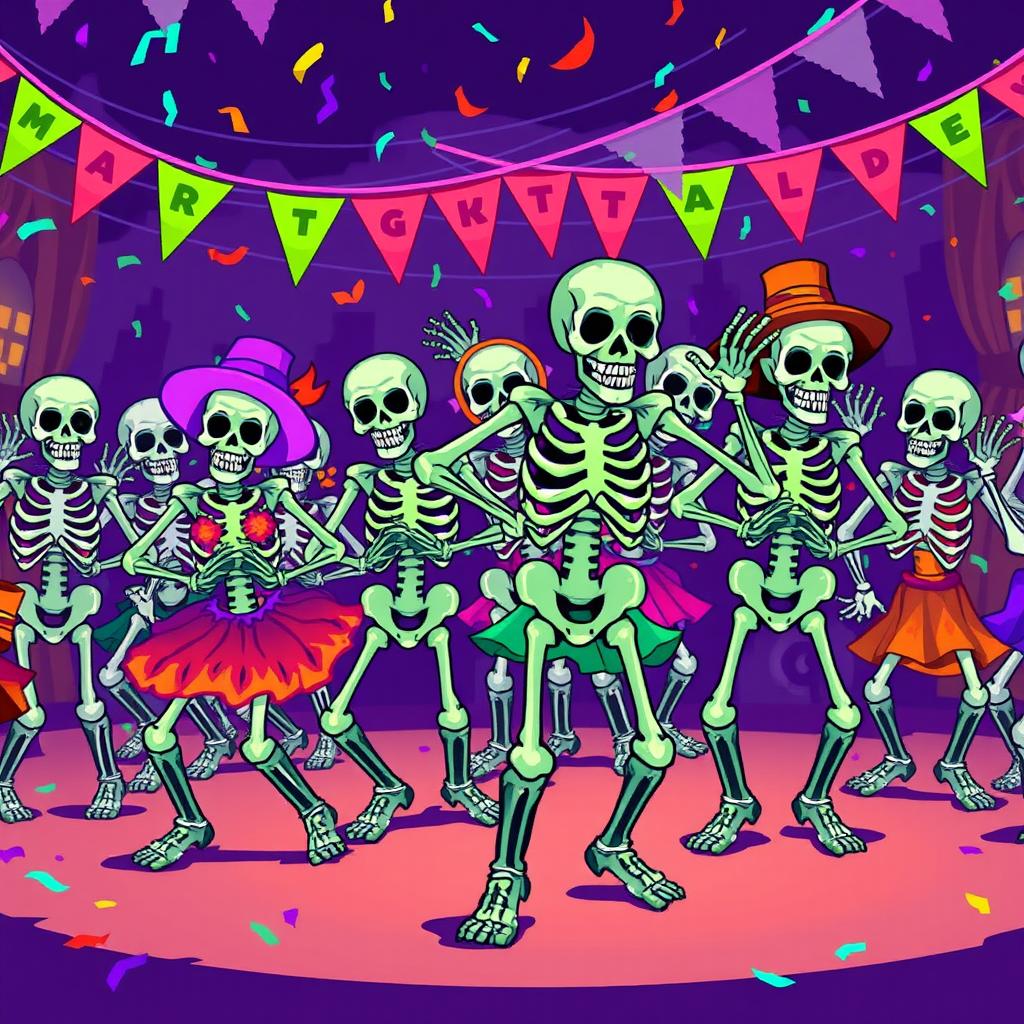 A vibrant pixel art scene depicting multiple dancing skeletons in various colorful outfits, showcasing their energetic movements