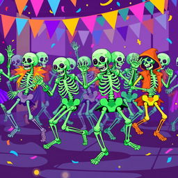 A vibrant pixel art scene depicting multiple dancing skeletons in various colorful outfits, showcasing their energetic movements