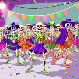 A vibrant pixel art scene depicting multiple dancing skeletons in various colorful outfits, showcasing their energetic movements
