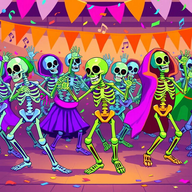 A vibrant pixel art scene depicting multiple dancing skeletons in various colorful outfits, showcasing their energetic movements