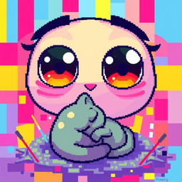 A pixel art style illustration featuring a pair of colorful, stylized eyes that are watching over a small, curled-up humanoid figure, reminiscent of a cat or a cozy creature, nestled comfortably in a vibrant, abstract environment