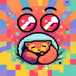 A pixel art style illustration featuring a pair of colorful, stylized eyes that are watching over a small, curled-up humanoid figure, reminiscent of a cat or a cozy creature, nestled comfortably in a vibrant, abstract environment