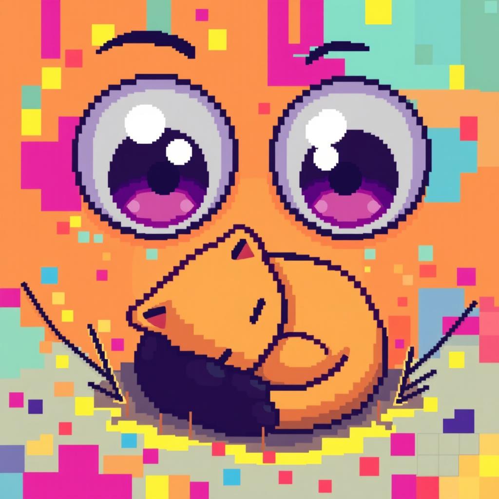 A pixel art style illustration featuring a pair of colorful, stylized eyes that are watching over a small, curled-up humanoid figure, reminiscent of a cat or a cozy creature, nestled comfortably in a vibrant, abstract environment