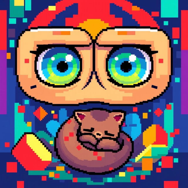 A pixel art style illustration featuring a pair of colorful, stylized eyes that are watching over a small, curled-up humanoid figure, reminiscent of a cat or a cozy creature, nestled comfortably in a vibrant, abstract environment