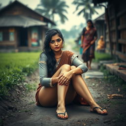 Rashmika Mandana portrayed in a dramatic, evocative scene, sitting on a rustic village pathway in India, surrounded by an atmosphere of raw emotion