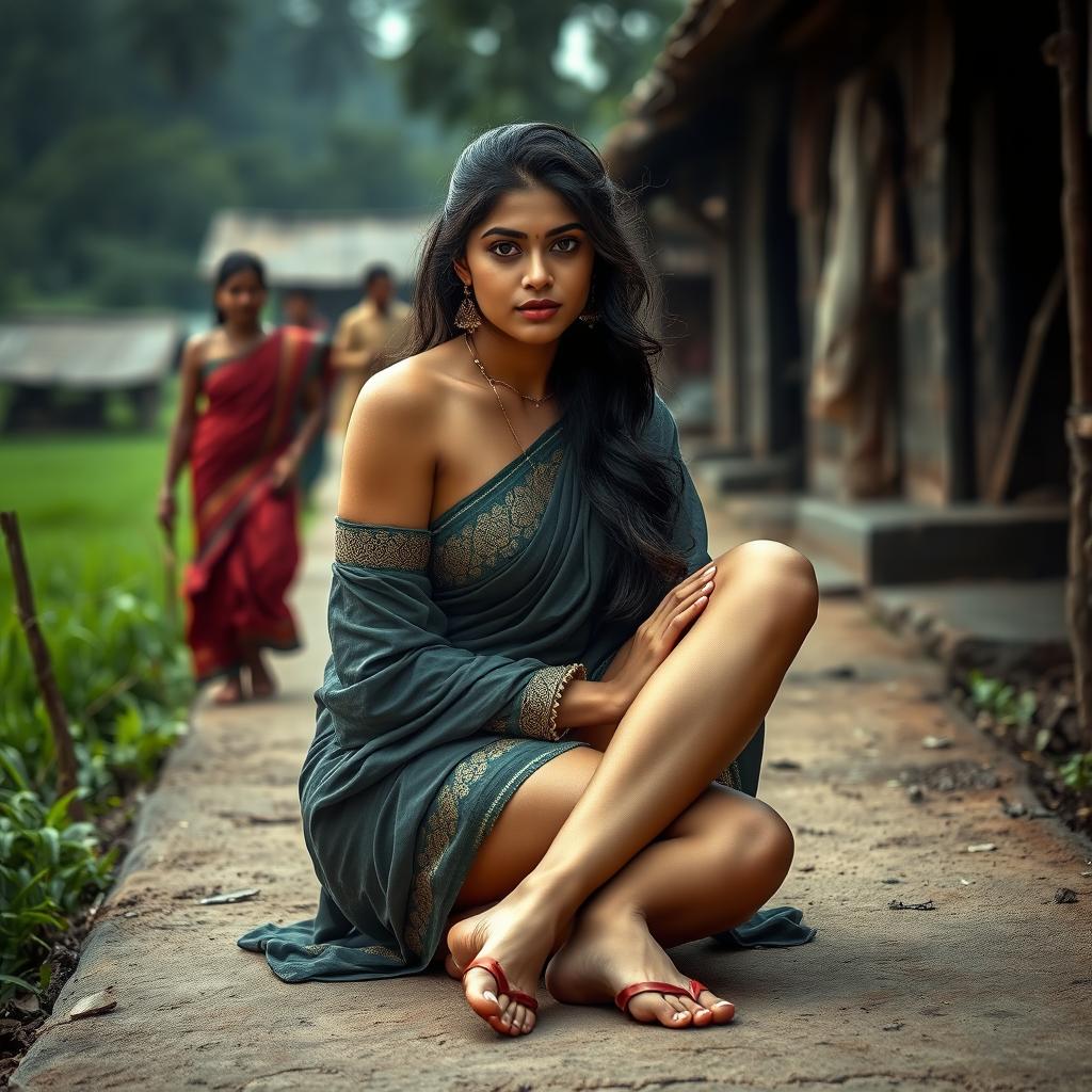 Rashmika Mandana portrayed in a dramatic, evocative scene, sitting on a rustic village pathway in India, surrounded by an atmosphere of raw emotion