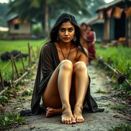 Rashmika Mandana portrayed in a dramatic, evocative scene, sitting on a rustic village pathway in India, surrounded by an atmosphere of raw emotion