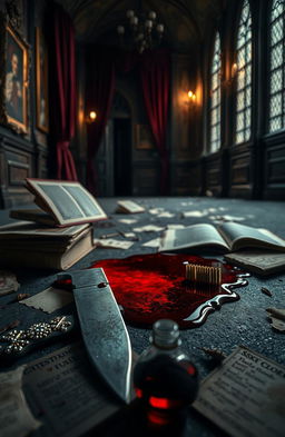 A thrilling murder mystery scene set in a dark academia boarding school, featuring a lavish bejewelled knife lying next to a pool of rich, crimson blood